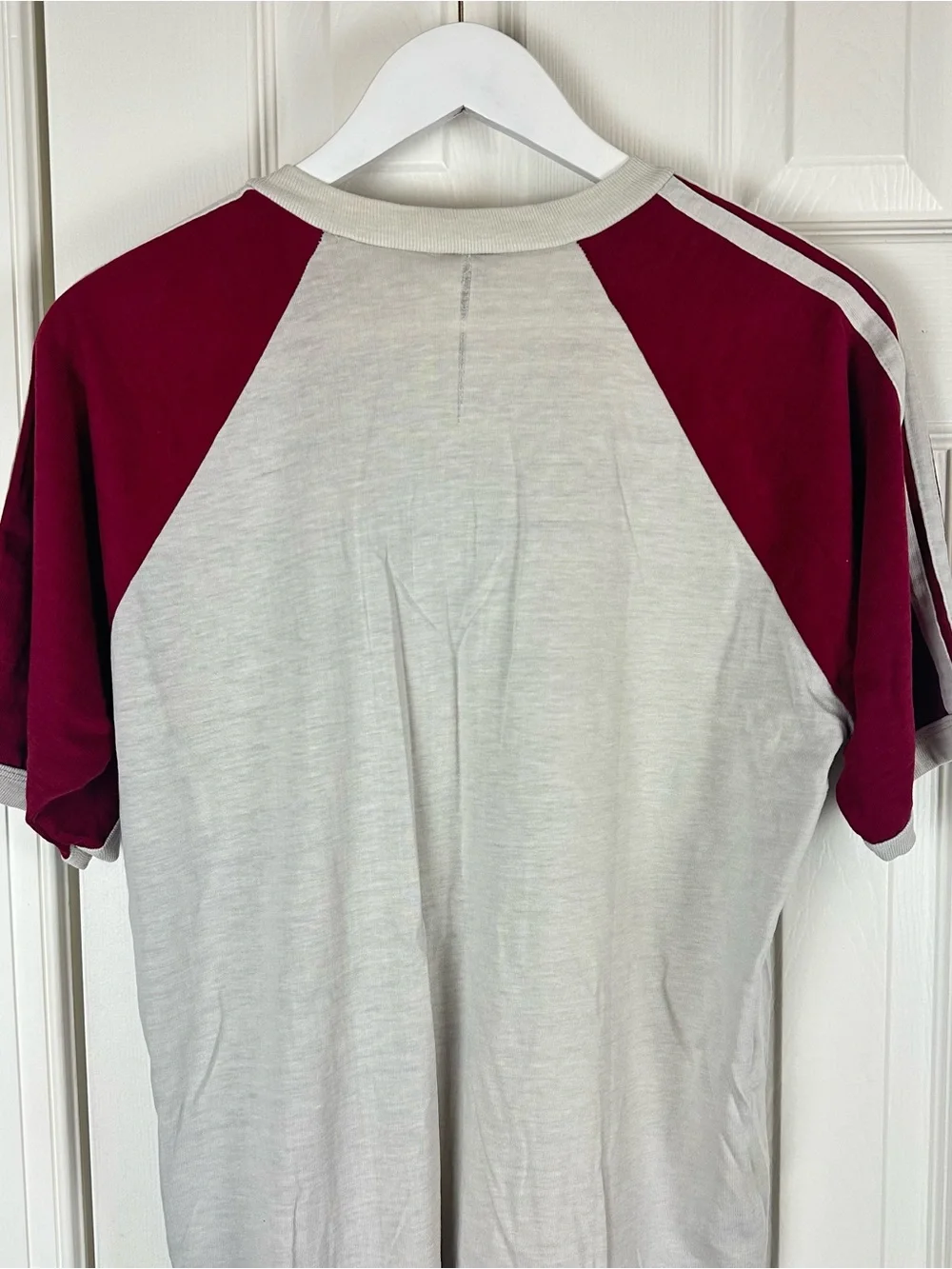 Vintage 80’s Adidas Gray Tee with Burgundy Raglan Sleeves and Trefoil Logo